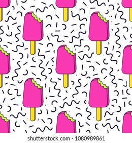 Vector trendy seamless pattern with bitten ice cream and geometric memphis elements. Modern summer fashion print background