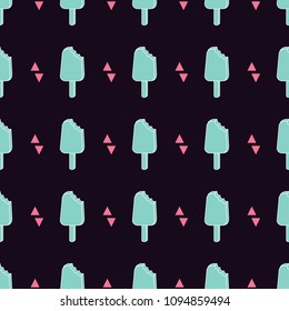 Vector trendy seamless pattern with bitten ice cream and triangles. Modern summer fashion print background
