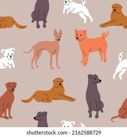 Vector trendy seamless pattern with different dogs: dachshund, jack russell, terrier, doberman. Animal pattern, for textile, nursery decor, fabric