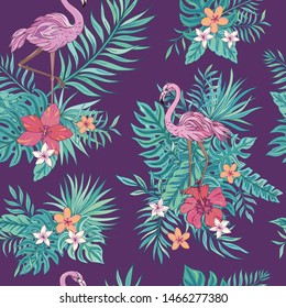 Vector trendy seamless pattern with flamingo, palm leaves, hibiscus and plumeria. Summer decoration print for wrapping, wallpaper, fabric. Seamless vector texture. Tropical bouquet flowers.
