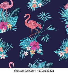 Vector trendy seamless pattern with flamingo, palm leaves, hibiscus and plumeria. Summer decoration print for wrapping, wallpaper, fabric. Seamless vector texture. Tropical bouquet flowers.