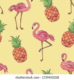 Vector trendy nahtlose Muster mit Flamingo und Ananas. Sommer Dekorationsdruck für Verpackung, Tapete, Stoff. Nahtlose Vektorstruktur.