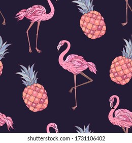 Vector trendy seamless pattern with flamingo and pineapple. Summer decoration print for wrapping, wallpaper, fabric. Seamless vector texture.