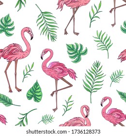Vector de diseño sin fisuras con flamingo y hojas tropicales. La decoración de verano se imprime para envolver, papel pintado y tela. Textura vectorial sin inconvenientes. 