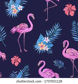 Vector de diseño sin fisuras con flamingo, hojas de palma, hibisco y plumería. La decoración de verano se imprime para envolver, papel pintado y tela. Textura vectorial sin inconvenientes.
