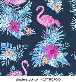 Vector trendy seamless pattern with flamingo, palm leaves, hibiscus and plumeria. Summer decoration print for wrapping, wallpaper, fabric. Seamless vector texture. Tropical bouquet flowers.
