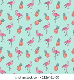 Vektor-trendige nahtlose Muster mit Flamingo und Ananas. Sommerdekorationsdruck für Umhüllung, Tapete, Stoff. Nahtlose Vektorstruktur.