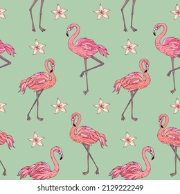 Vector trendy seamless pattern with flamingo and plumeria. Summer decoration print for wrapping, wallpaper, fabric. Seamless vector texture. 