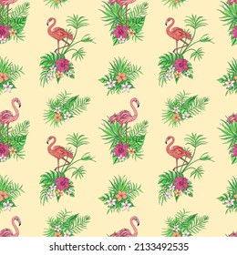 Vector trendy seamless pattern with flamingo, palm leaves, hibiscus and plumeria. Summer decoration print for wrapping, wallpaper, fabric. Seamless vector texture.