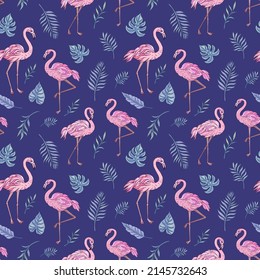 Vektor-trendige nahtlose Muster mit Flamingo und tropischen Blättern. Sommerdekorationsdruck für Umhüllung, Tapete, Stoff. Nahtlose Vektorstruktur. 