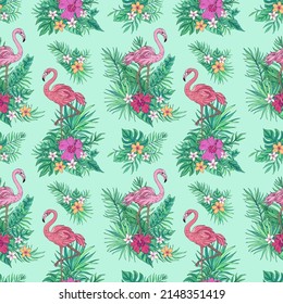 Vector de diseño sin fisuras con flamingo y plantas tropicales. La decoración de verano se imprime para envolver, papel pintado y tela. Textura vectorial sin inconvenientes. Flores de ramo tropical.