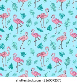 Vector de diseño sin fisuras con flamingo y hojas tropicales. La decoración de verano se imprime para envolver, papel pintado y tela. Textura vectorial sin inconvenientes. 