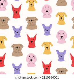 Vector trendy seamless pattern with funny pet animals; cute dogs on white: dachshund; doberman; great dane; french bulldog. Animal pattern; perfect for baby textile; kids room decor; fabric; wrapping