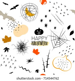 Vector trendy seamless pattern for Halloween. Hand drawn silhouettes of pumpkin, crosses, spiders, bats on white background.
