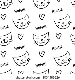 Vector trendy seamless pattern of handdrawn cat face, word 'homie' and hearts. 