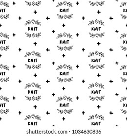 Vector trendy seamless pattern of handdrawn word 'knit' and branch wreath. 