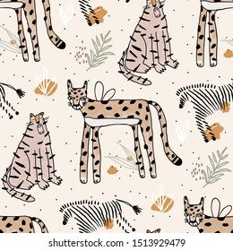 Vector trendy seamless pattern illustration of hand drawing cheetah, tiger and zebra in beige pastel colors. Childish kid design for fabric, textile, paper, wallpaper, wrapping, poster, apparel, print