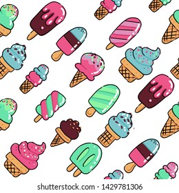 Vector trendy seamless pattern with many sorts of ice cream. Modern summer fashion print background. Hand drawn outline doodle vector illustration.