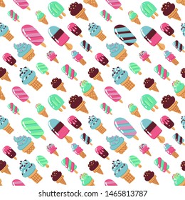 Vector trendy seamless pattern with many sorts of ice cream. Modern summer fashion print background. Hand drawn Childish flat bright vector illustration