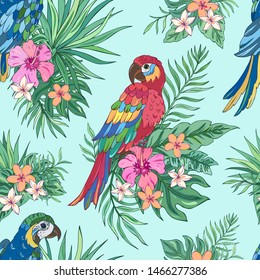 Vector trendy seamless pattern with parrots, palm leaves, hibiscus and plumeria. Summer decoration print for wrapping, wallpaper, fabric. Seamless vector texture. Tropical bouquet flowers.
