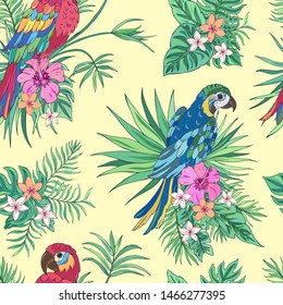 Vector trendy seamless pattern with parrots, palm leaves, hibiscus and plumeria. Summer decoration print for wrapping, wallpaper, fabric. Seamless vector texture. Tropical bouquet flowers.