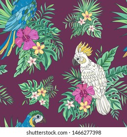 Vector trendy seamless pattern with parrots, palm leaves, hibiscus and plumeria. Summer decoration print for wrapping, wallpaper, fabric. Seamless vector texture. Tropical bouquet flowers.