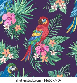 Vector trendy seamless pattern with parrots, palm leaves, hibiscus and plumeria. Summer decoration print for wrapping, wallpaper, fabric. Seamless vector texture. Tropical bouquet flowers.