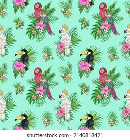 Vector trendy seamless pattern with parrots, toucan , palm leaves, hibiscus and plumeria. Summer decoration print for wrapping, wallpaper, fabric. Tropical bouquet flowers.