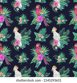 Vector trendy seamless pattern with parrots, palm leaves, hibiscus and plumeria. Summer decoration print for wrapping, wallpaper, fabric. Seamless vector texture. Tropical bouquet flowers.