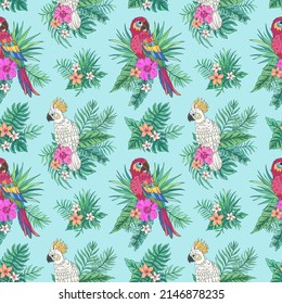Vector trendy seamless pattern with parrots, palm leaves, hibiscus and plumeria. Summer decoration print for wrapping, wallpaper, fabric. Seamless vector texture. Tropical bouquet flowers.