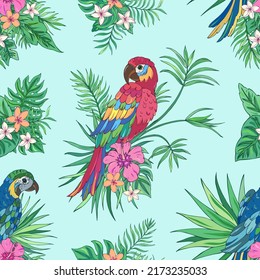 Vector trendy seamless pattern with parrots, palm leaves, hibiscus and plumeria. Summer decoration print for wrapping, wallpaper, fabric. Seamless vector texture. Tropical bouquet flowers.