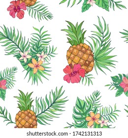 Vector trendy seamless pattern with pineapple, palm leaves, hibiscus and plumeria. Summer decoration print for wrapping, wallpaper, fabric. Seamless vector texture. 