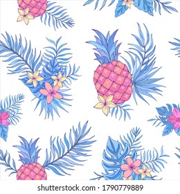 Vector trendy seamless pattern with pineapple, palm leaves, orhid and plumeria. Summer decoration print for wrapping, wallpaper, fabric. Seamless vector texture. 