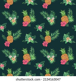 Vector trendy seamless pattern with pineapple, palm leaves, hibiscus and plumeria. Summer decoration print for wrapping, wallpaper, fabric. Seamless vector texture. 