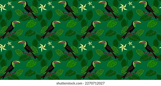 Vector trendy seamless pattern with toucan birds,tropical leafs and exotic yellow flowers.  Tropical bird, flowers and leaves.