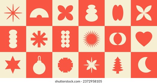 Vector trendy set of abstract geometric shapes. Bright brutal christmas icons. Various geometric figures. Bauhaus memphis design. Red and beige colors