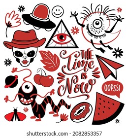Vector, trendy set, collection of monsters, freaks, fictional, fantasy characters, ufo, alien skulls. Cartoon caricature, cool doodles. Scary, frightening creature. Imaginary mutants. Halloween.