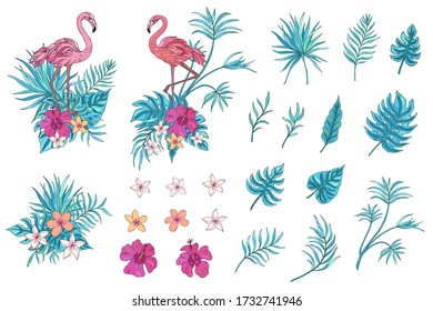 Vector de moda con flamingo, hojas de palma, hibisco y plumería. La decoración de verano se imprime para envolver, papel pintado y tela. Textura vectorial sin inconvenientes. Flores de ramo tropical.