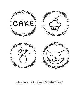 Vector trendy set of icons and logos of handdrawn cupcake with cherry berry top cat face, can with lollypop with flower wreath. Template for business brand.