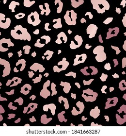 Vector Trendy y brillante color oro leopardo de rosa abstracto patrón sin fisuras. Textura metálica dorada rosada de piel de chita de animales salvajes sobre fondo negro para diseño de impresión de moda, textil, cubierta, envoltura, papel pintado.