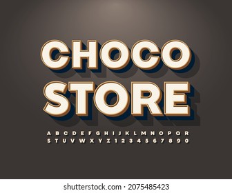 Vector trendy sign Choco Store. Old fashioned Alphabet Letters and Numbers. 3D vintage Font