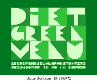 Vektor-trendige Signature Diet Green Menü. Helle kreative Schriftart. Moderne Alphabet-Buchstaben, Zahlen und Symbole