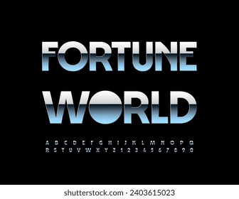 Vector Trendschild Fortune World. Stilvolle Silver Font. Moderne Alphabet-Alphabet-Buchstaben und -Zahlen