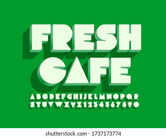 Vector trendy sign Fresh Cafe. Creative green Font. 3D modern Alphabet Letters and Numbers