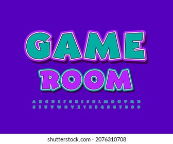 Vector trendy sign Game Room. Sticker style Font. Bright playful Alphabet Letters and Numbers set