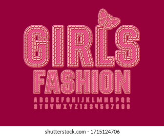 Vector trendy sign Girls Fashion with red Denim Font. Jeans style Alphabet Letters and Numbers
