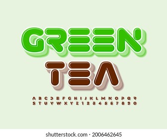 Señal de moda vectorial Green Tea. Futurista fuente marrón. Conjunto creativo de letras y números de alfabeto
