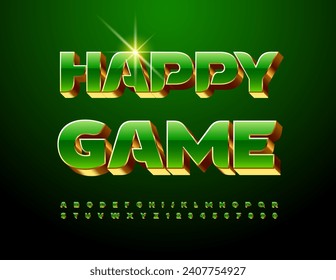 Vector trendy sign Happy Game. Green and Gold 3D Font. Stylish Alphabet Letters and Numbers set.