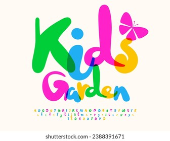 Vector trendy sign Kids Garden. Colourful funny Font for Children. Playful Alphabet Letters, Numbers and Symbols.