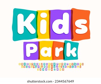 Vector trendy sign Kids Park with set of bright Alphabet Letters, Numbers and Symbols. Childish artistic Font